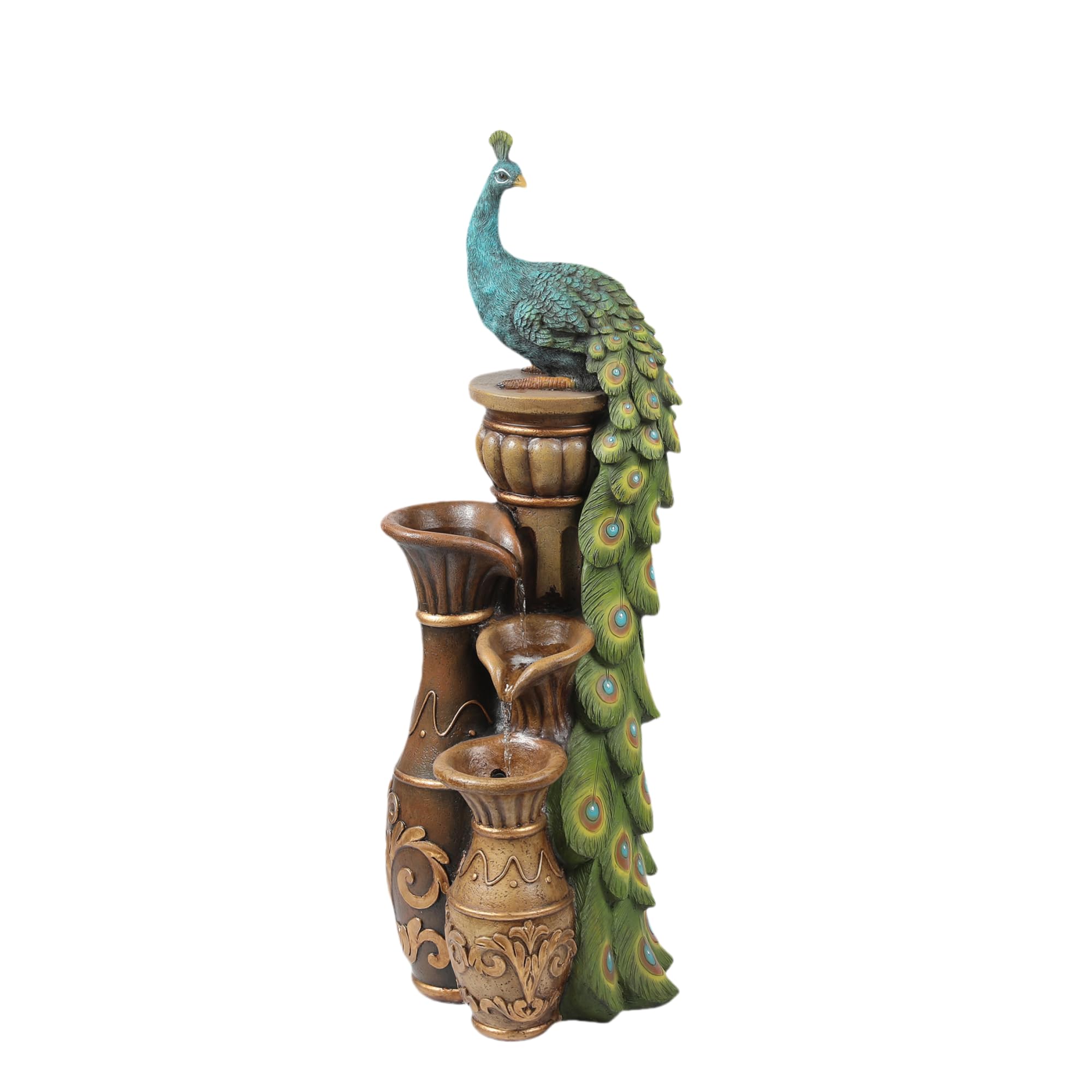 Outdoor Water Fountain, 44 Inch Resin Peacock Water Fountain Outdoor with Urns and LED Light