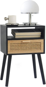 Modern Nightstand Rattan Side End Table with Storage, for Living Room, Bedroom and Small Spaces,