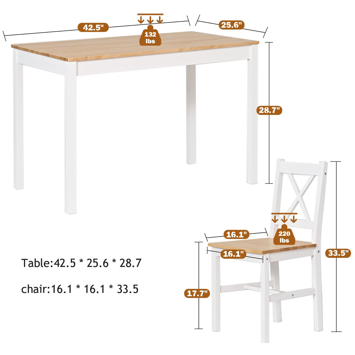 SogesPower 4-Person Dining Table Set 5 Pieces, Wood Kitchen Table Set with 4 Chairs for Kitchen Dining Room Restaurant, White&Oak