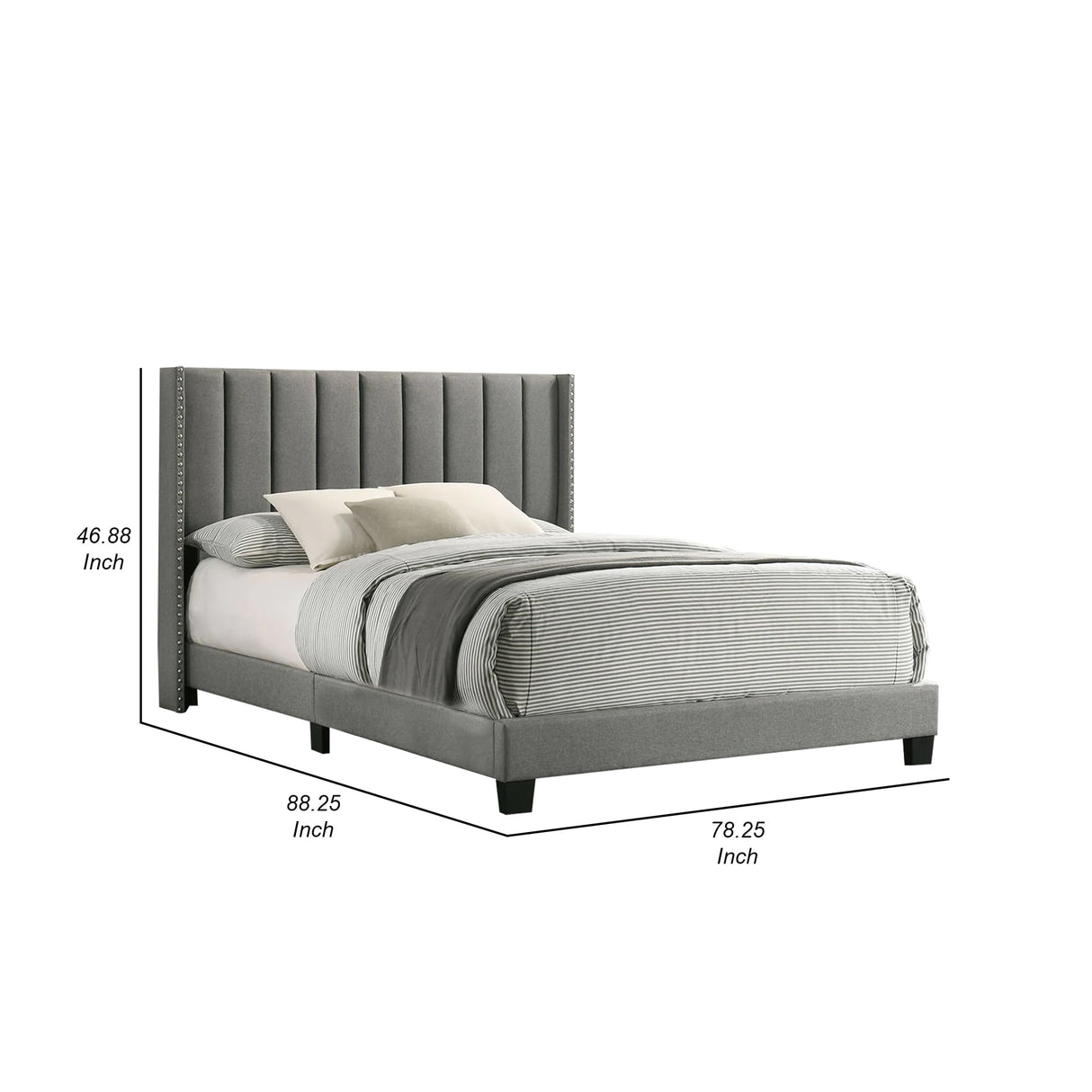 Kail California King Bed, Wingback, Channel Tuft, Light Gray Upholstery