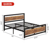 GarveeHome Queen Size Bed Frame, Industrial Queen Bed Platform with Headboard No Box Spring Needed, 14 Inch Easy Assemble Queen Mattress Bedframe, Retro Brown