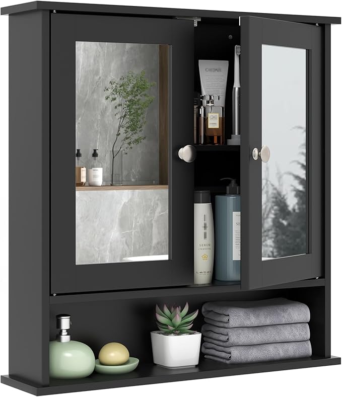 Bathroom Medicine Cabinet, Hanging Storage Cabinet with Double Mirror Doors