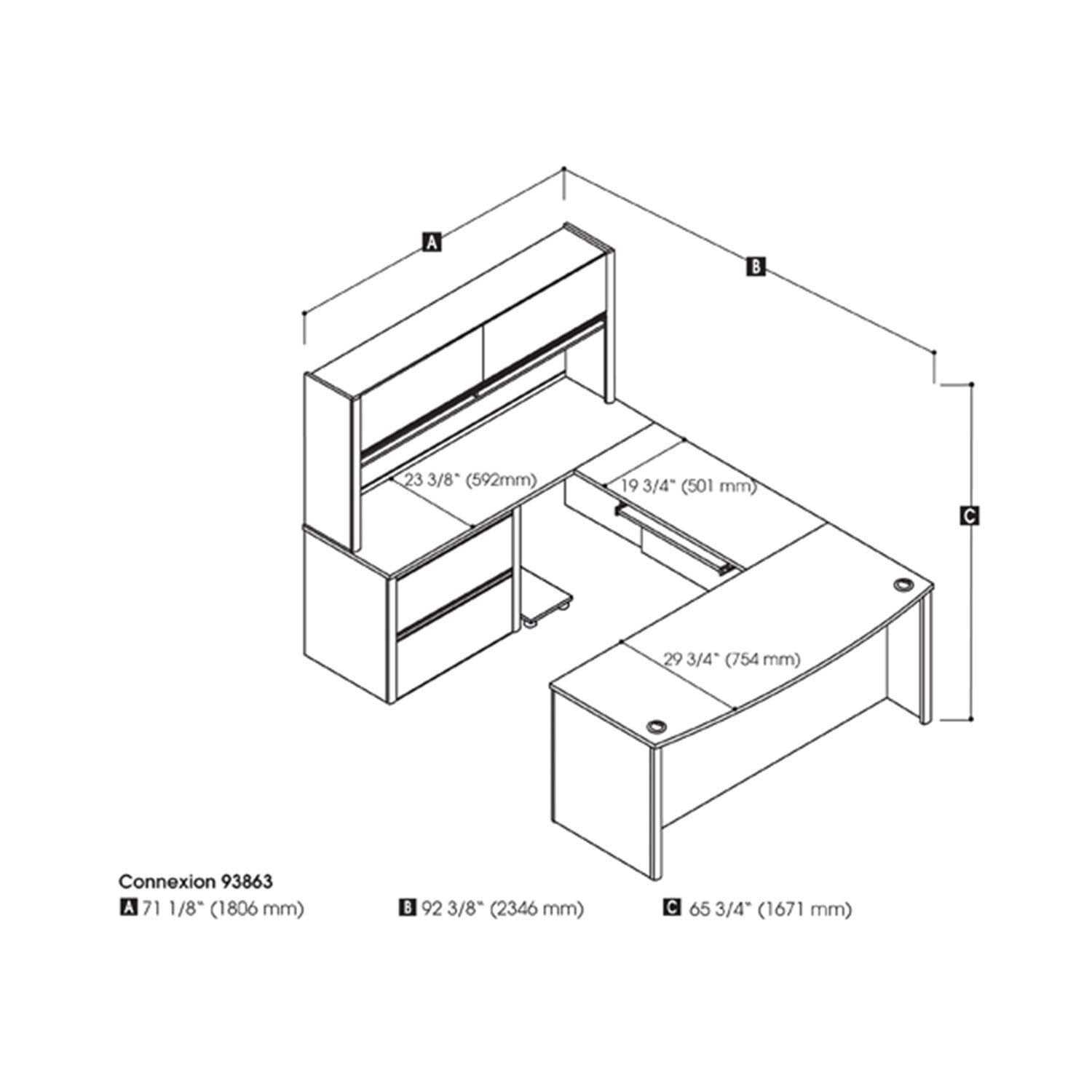 Connexion U-Shaped Executive Desk with Lateral File Cabinet and Hutch, 72W