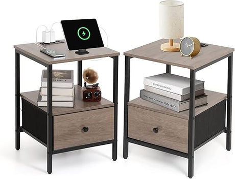 Nightstands Set of 2, 16" x 16" x 23" Bed Side Table with Charging Station