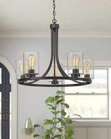Beionxii 5-Light Wagon Wheel Chandelier, 26" Farmhouse Contemporary Foyer Pendant Light Dinning Room Lighting Fixture Oil Rubbed Bronze with Clear Seeded Glass
