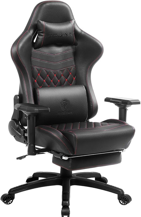 Dowinx Gaming/Office PC Chair with Massage Lumbar Support, Vintage Style PU Leather High Back Adjustable Swivel Task Chair with Footrest (Black and Red)