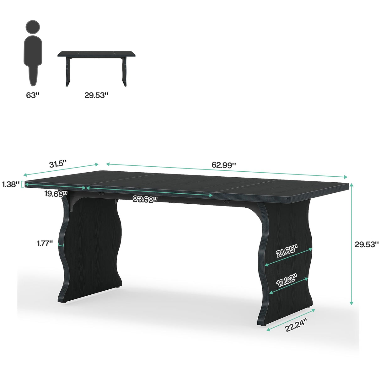 63-Inch Black Rectangular Dining Table for 4-6