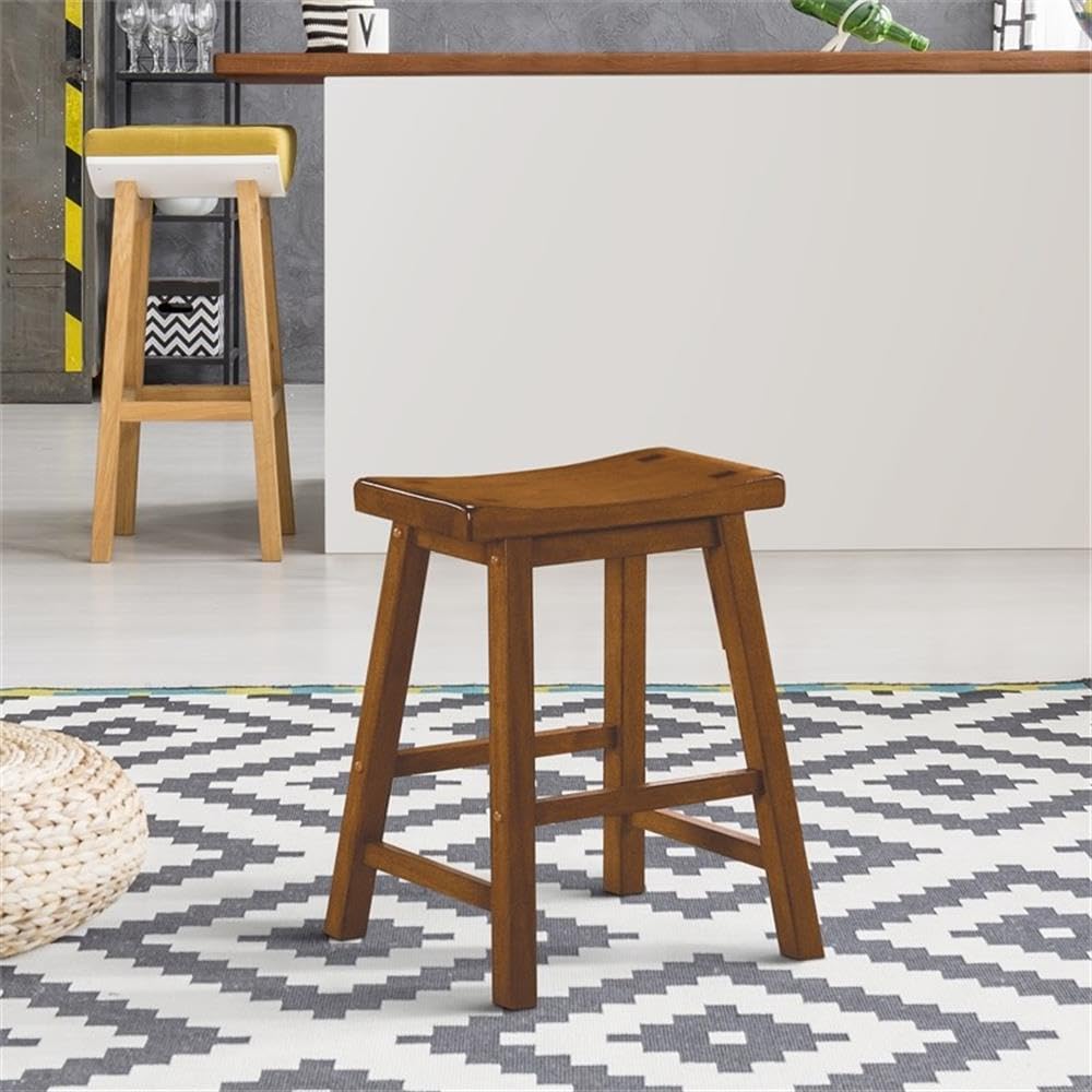Bar Stool Chair Set of 2 in Oak | Seat Height 18" | with Saddle Seat, Footrest | Indoor