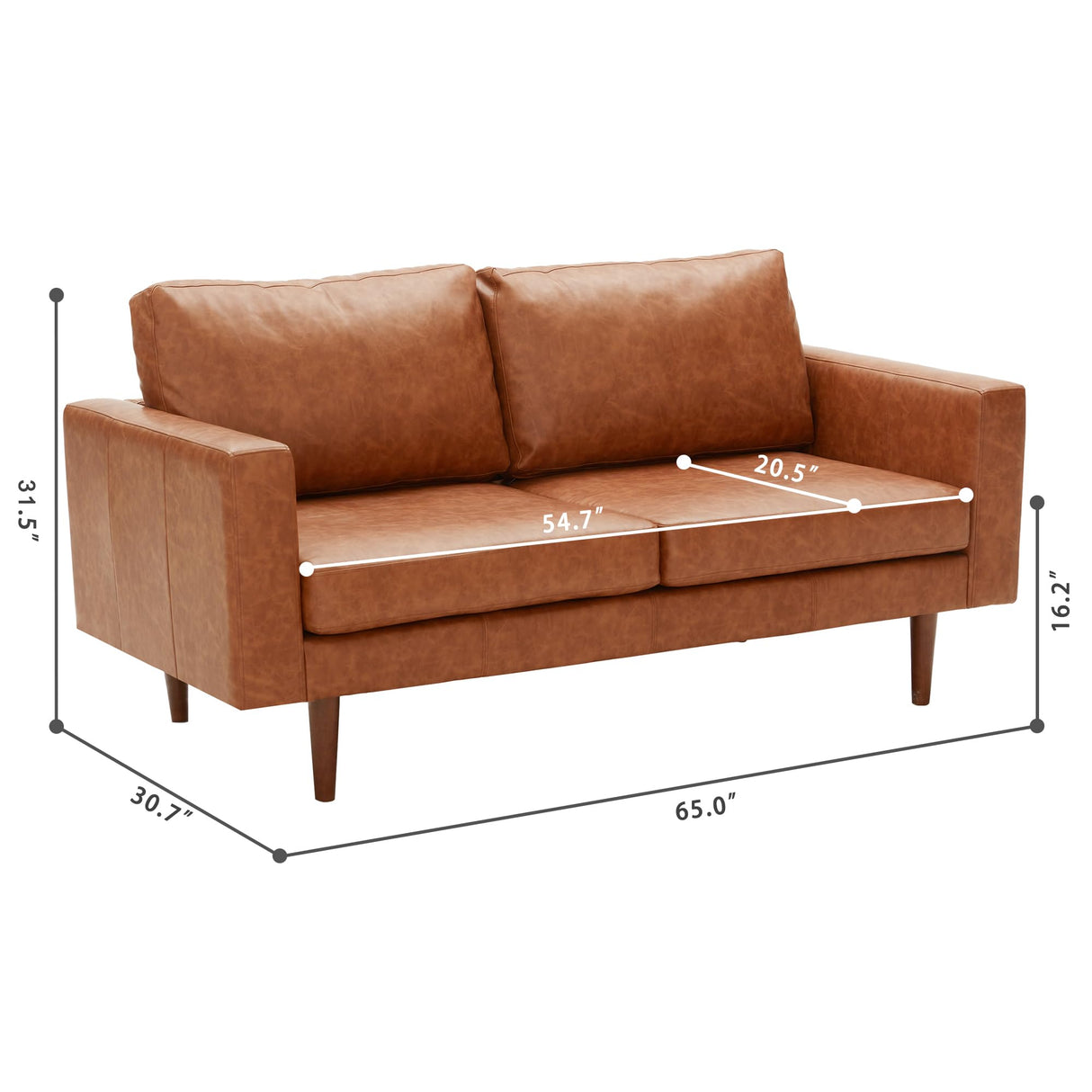 65" Loveseat Sofa, Faux Leather Love Seat Couch, Mid Century Modern Couch with Solid Wooden Frame for