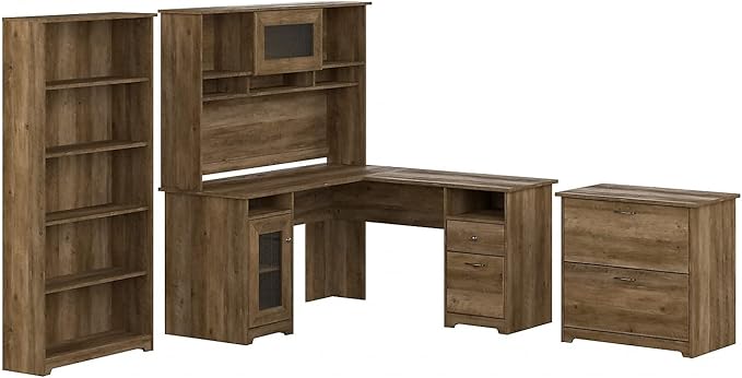 L Shaped Desk with Hutch, 5 Shelf Bookcase and Lateral File Cabinet | Cabot Collection Corner Computer Table with Storage and Bookshelf | 60Wx23DX37W