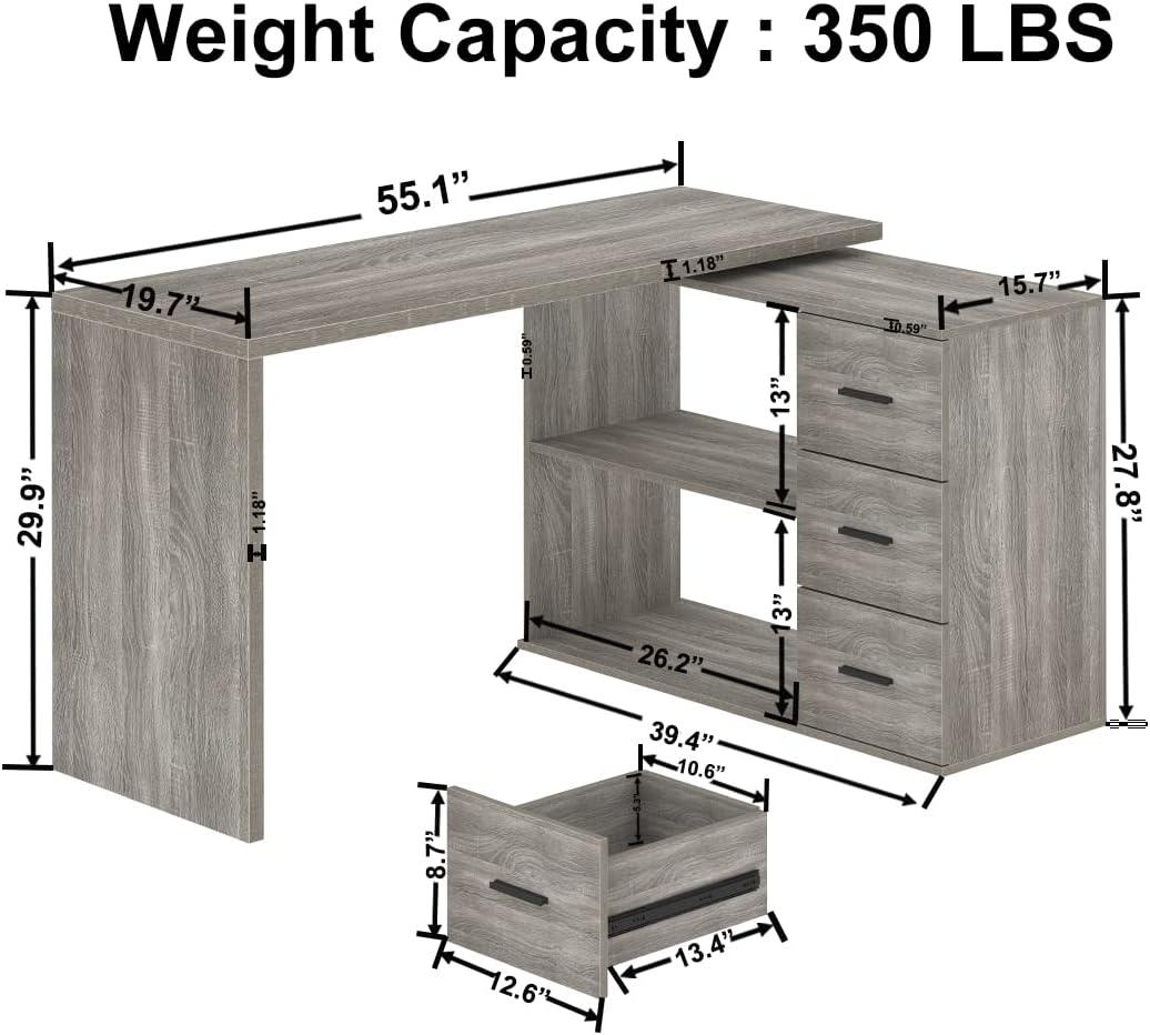360° Rotating L-Shaped Desk with 3 Drawers and 2 Shelves