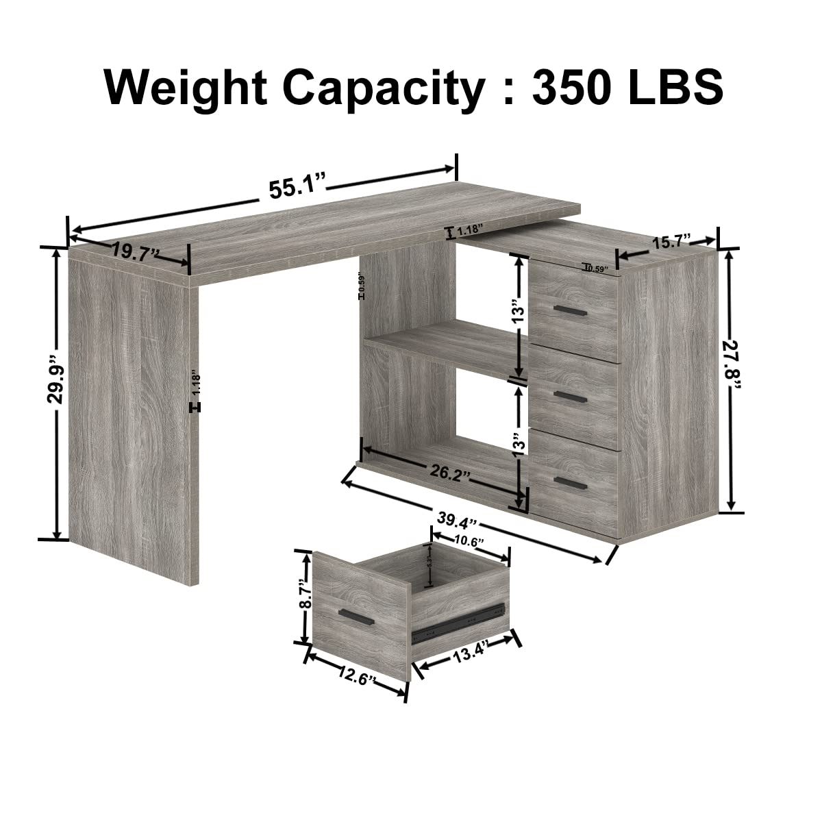 360° Rotating L-Shaped Desk with 3 Drawers and 2 Shelves