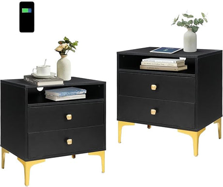 Nightstands Set of 2 with Wireless Charging Function Wooden Night Stands 2 Sets