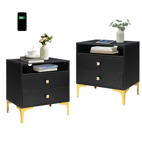 Nightstands Set of 2 with Wireless Charging Function Wooden Night Stands 2 Sets