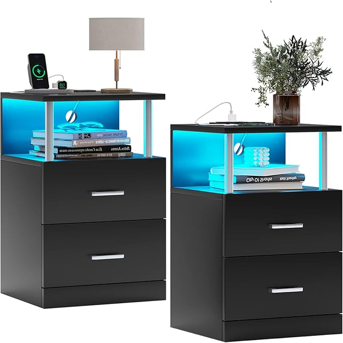 Nightstand with Charging Station and LED Lights, Nightstands Set of 2, Bedside Table