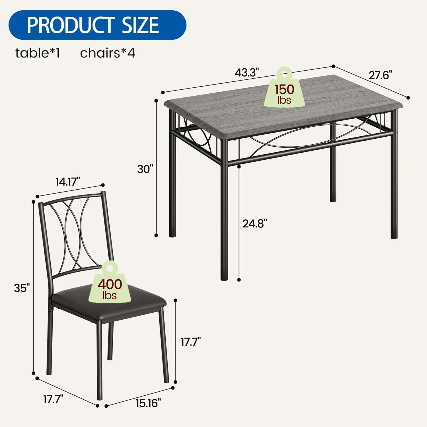 5-Piece Dining Set for 4 with Upholstered Chairs