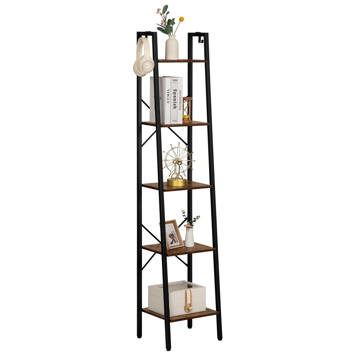 Ladder Shelf, Bookshelf Bookcase, Freestanding Corner Storage Shelve with 2 Hooks for