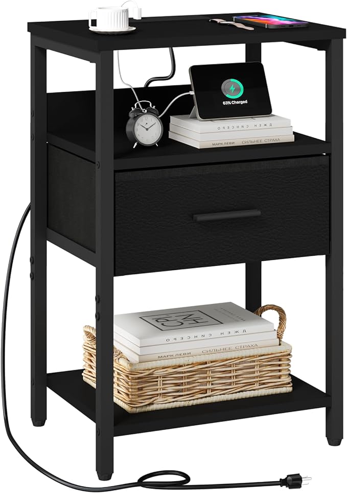 Nightstand with Charging Station, Bedside Table with USB Ports and Outlets