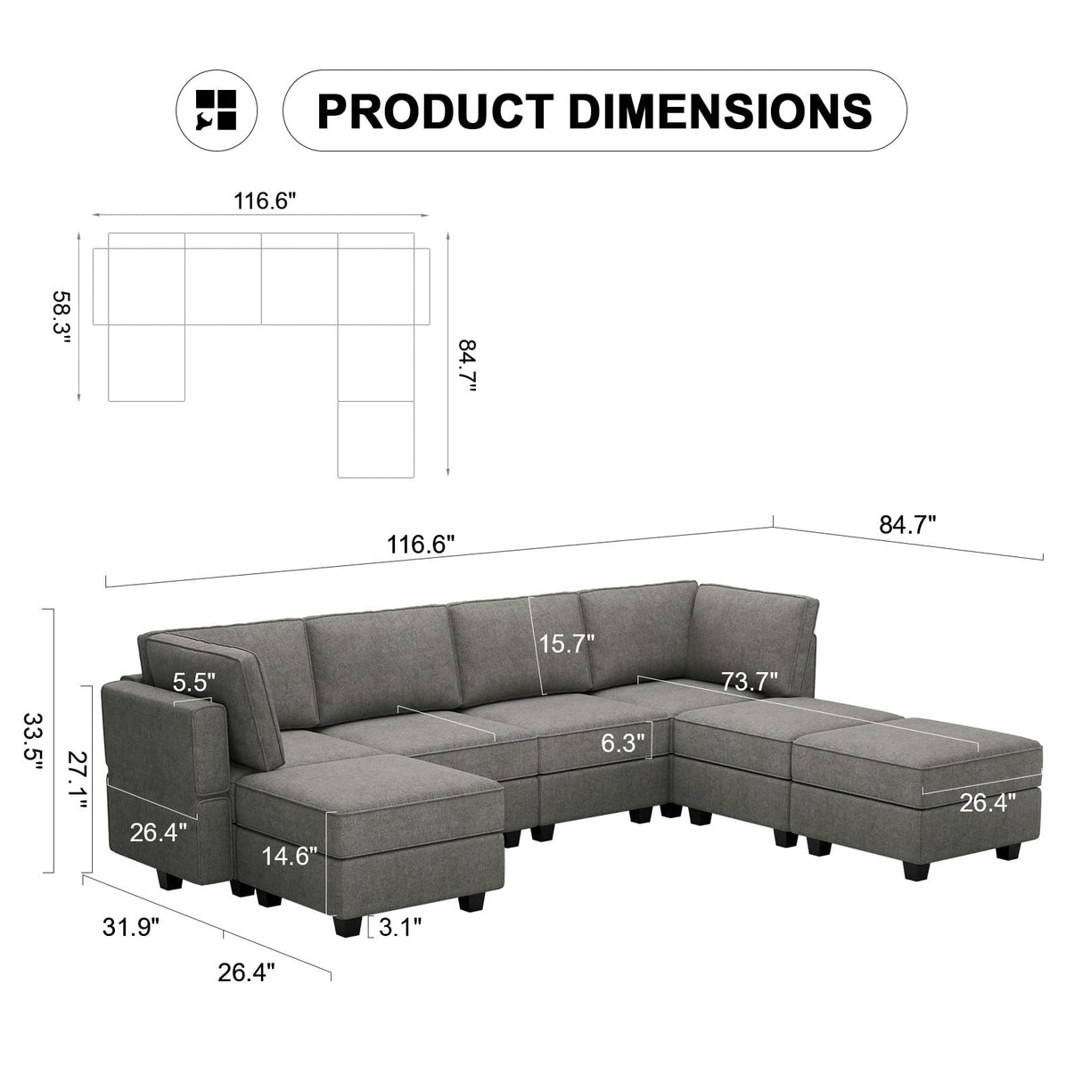 Modular Sofa with Storage Seat U Shaped Couch Modular Sectional Sofa