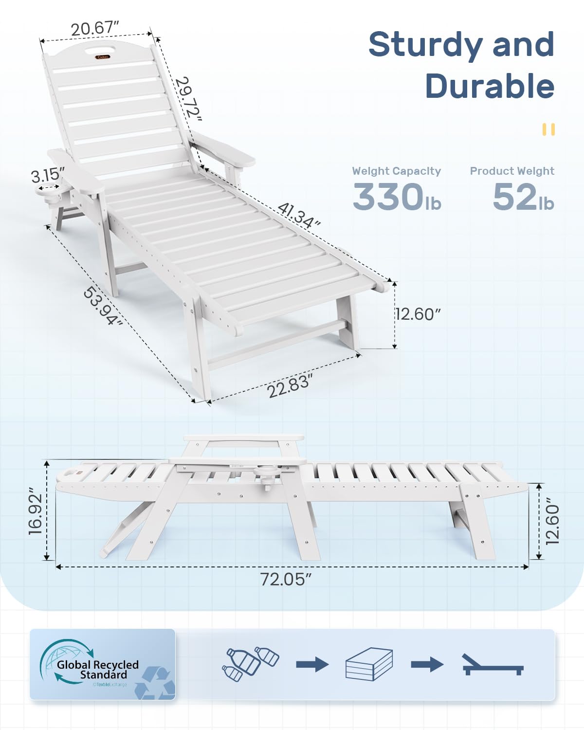 Chaise Lounge for Outdoor, Patio Lounge Chairs for Outside, Chaise Lounge Chair with 6 Positions, HDPE Lounge Chair with Cup Holder Easy Assembly for Pool Beach Garden, White