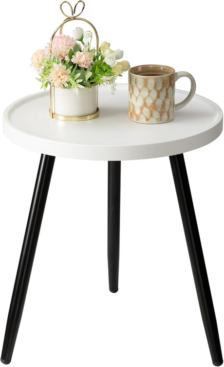 Round Side Table, Metal Legged Accent Table with Wooden Tray, Small Round End Table