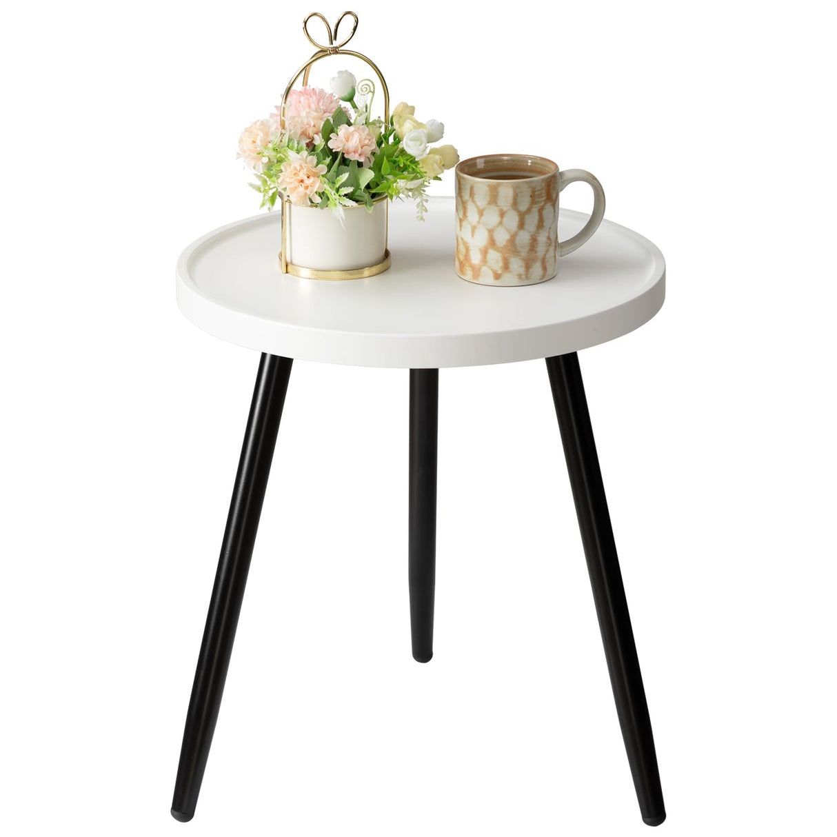 Round Side Table, Metal Legged Accent Table with Wooden Tray, Small Round End Table