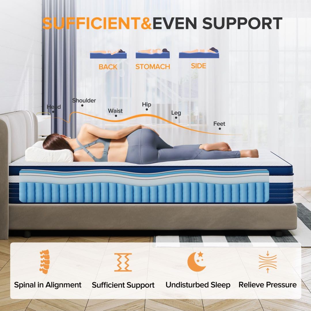 Twin Mattress, 10 Inch Hybrid Mattress with Individual Pocketed Coil Springs and High