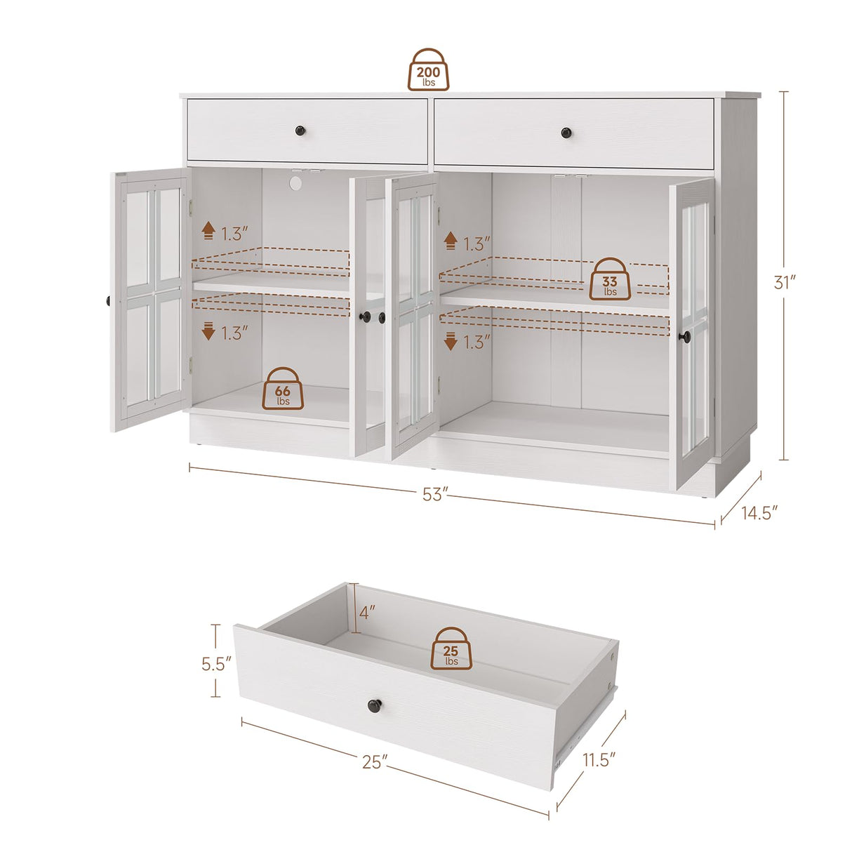 Buffet Cabinet with Storage, White Sideboard Buffet Cabinet Featuring LED Light