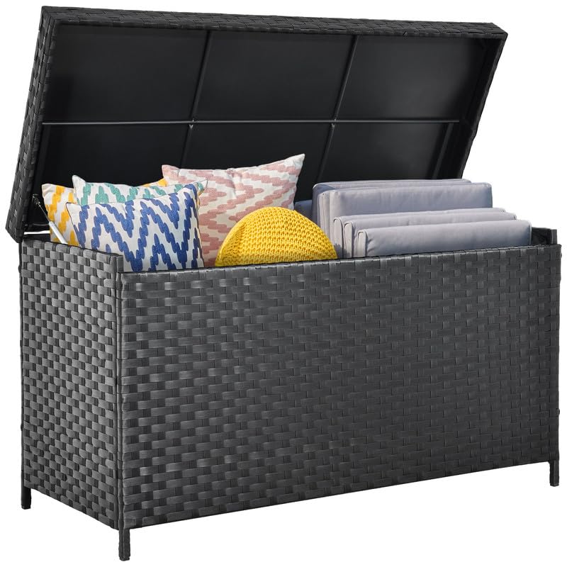 170 Gallon Wicker Deck Box, XL All-Weather Outdoor Storage Box, Rattan Storage Bin
