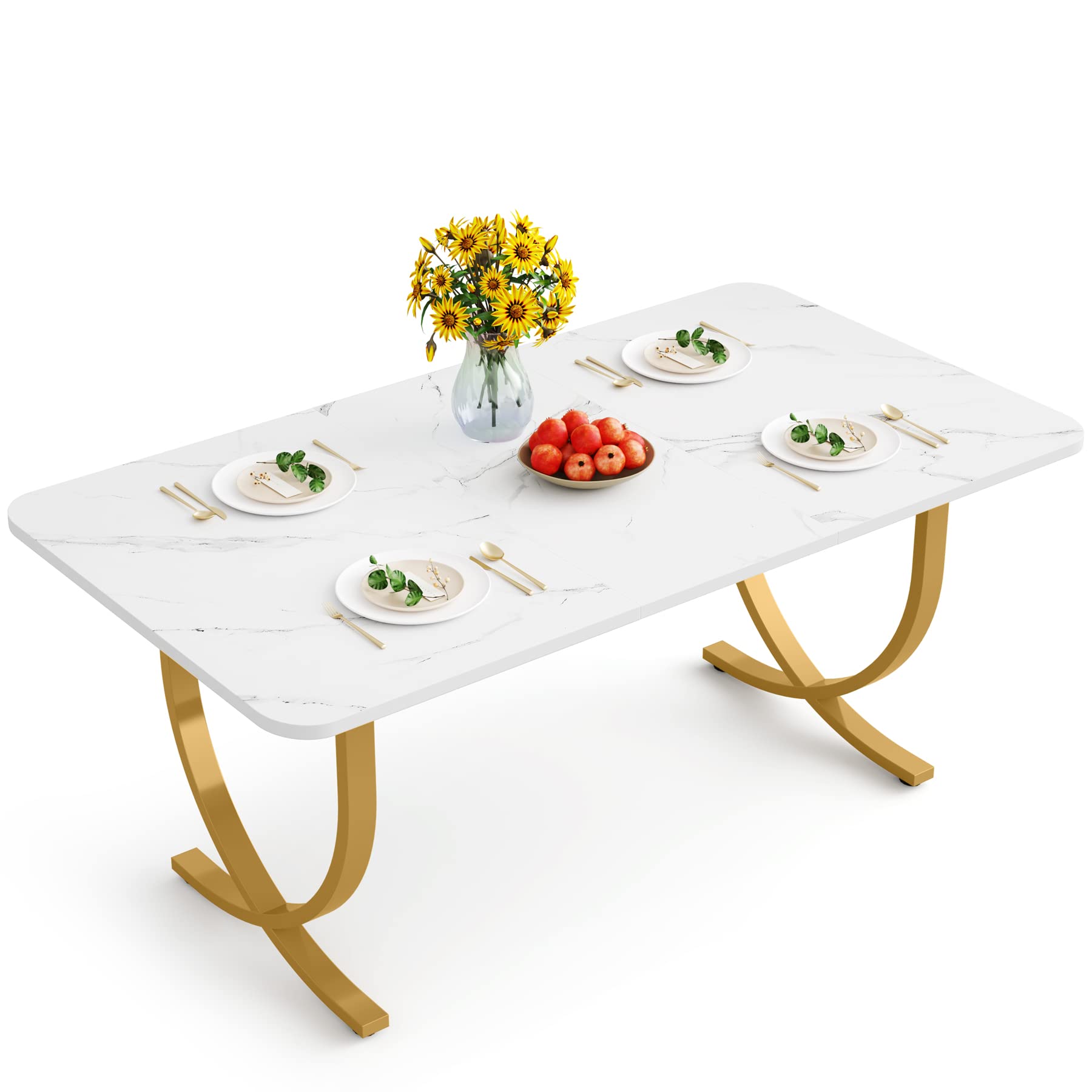 Dining Room Table, Kitchen Table with Faux Marble Table Top and Gold Metal Legs