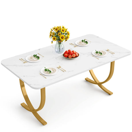 Dining Room Table, Kitchen Table with Faux Marble Table Top and Gold Metal Legs