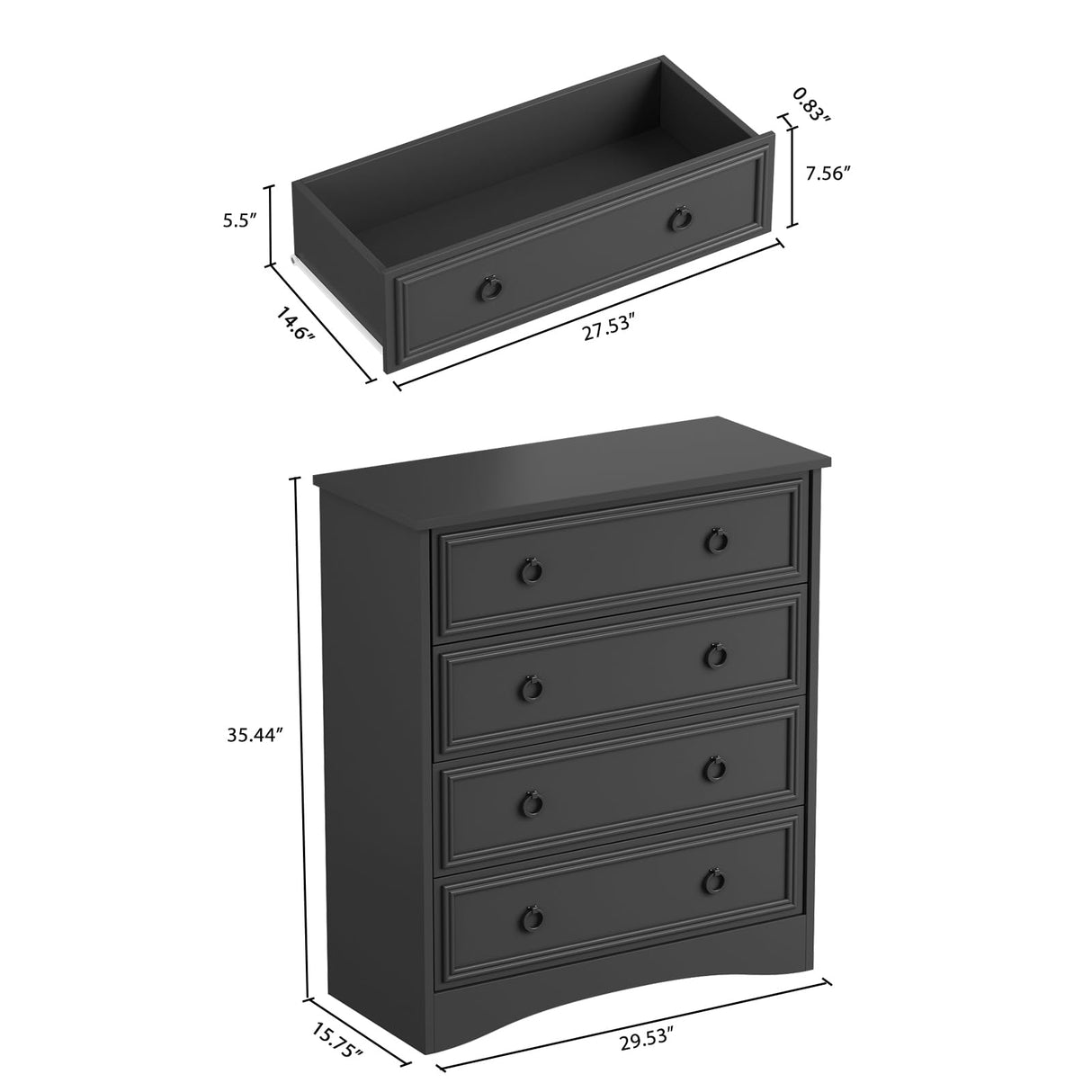 Modern 4 Drawer Dresser, Dressers for Bedroom, Tall Chest of Drawers Closet Organizers and Storage for Clothes - Easy Pull Handle, Textured Borders Drawers for Living Room, Hallway, Black