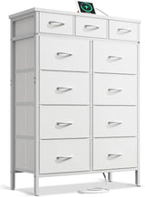 Dresser with Charging Station, 52-Inch Tall Dresser for Bedroom, Large Dresser with 11 Storage Drawers, Fabric Chest of Drawers for Living Room, White