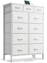 Dresser with Charging Station, 52-Inch Tall Dresser for Bedroom, Large Dresser with 11 Storage Drawers, Fabric Chest of Drawers for Living Room, White