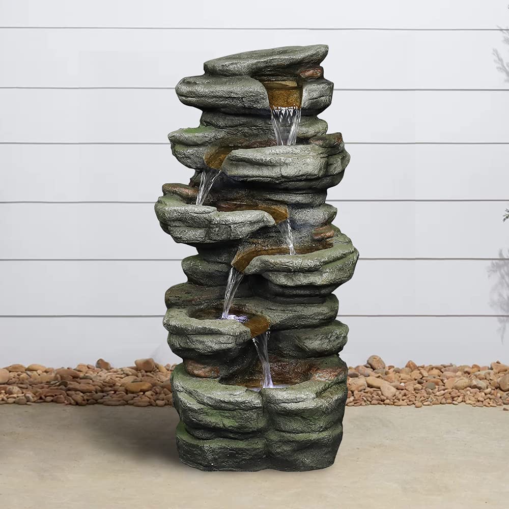 30.7inches Outdoor Water Fountain - 6-Tiers Rock Waterfall Fountain