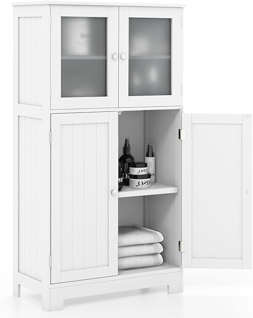 Bathroom Storage Cabinet, Wooden Linen Storage Organizer Cupboard with Doors