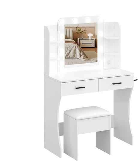 Set with Mirror, LED Lights and Power Outlet Makeup Table with 2 Large Drawers and Round Holder,