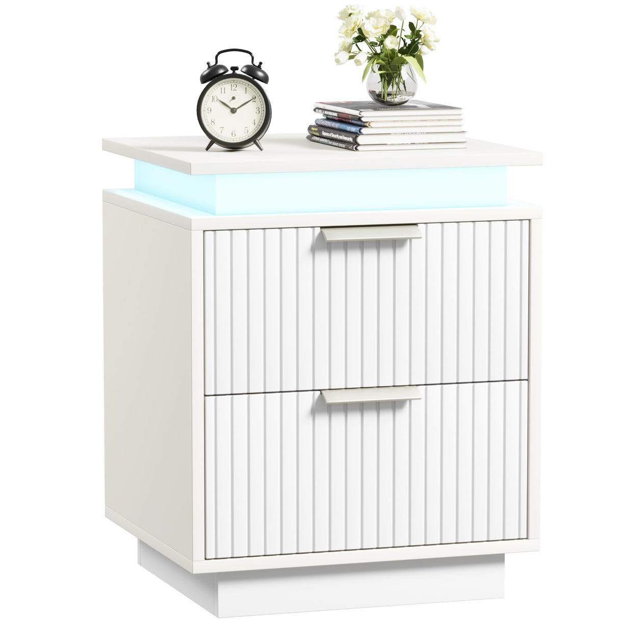 Nightstand with LED Light, Night Stand with Drawers, White Bedside Table