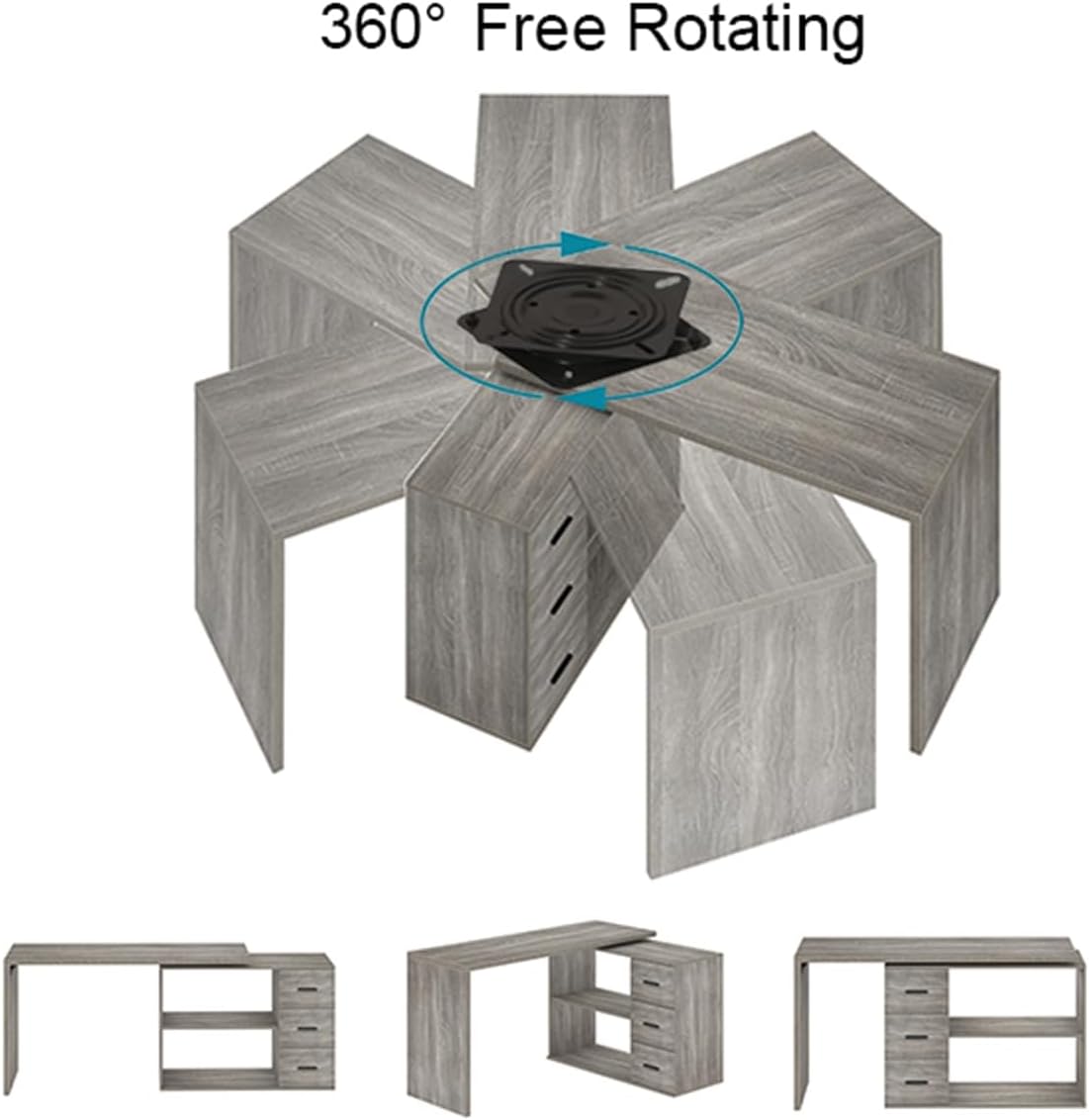 360° Rotating L-Shaped Desk with 3 Drawers and 2 Shelves