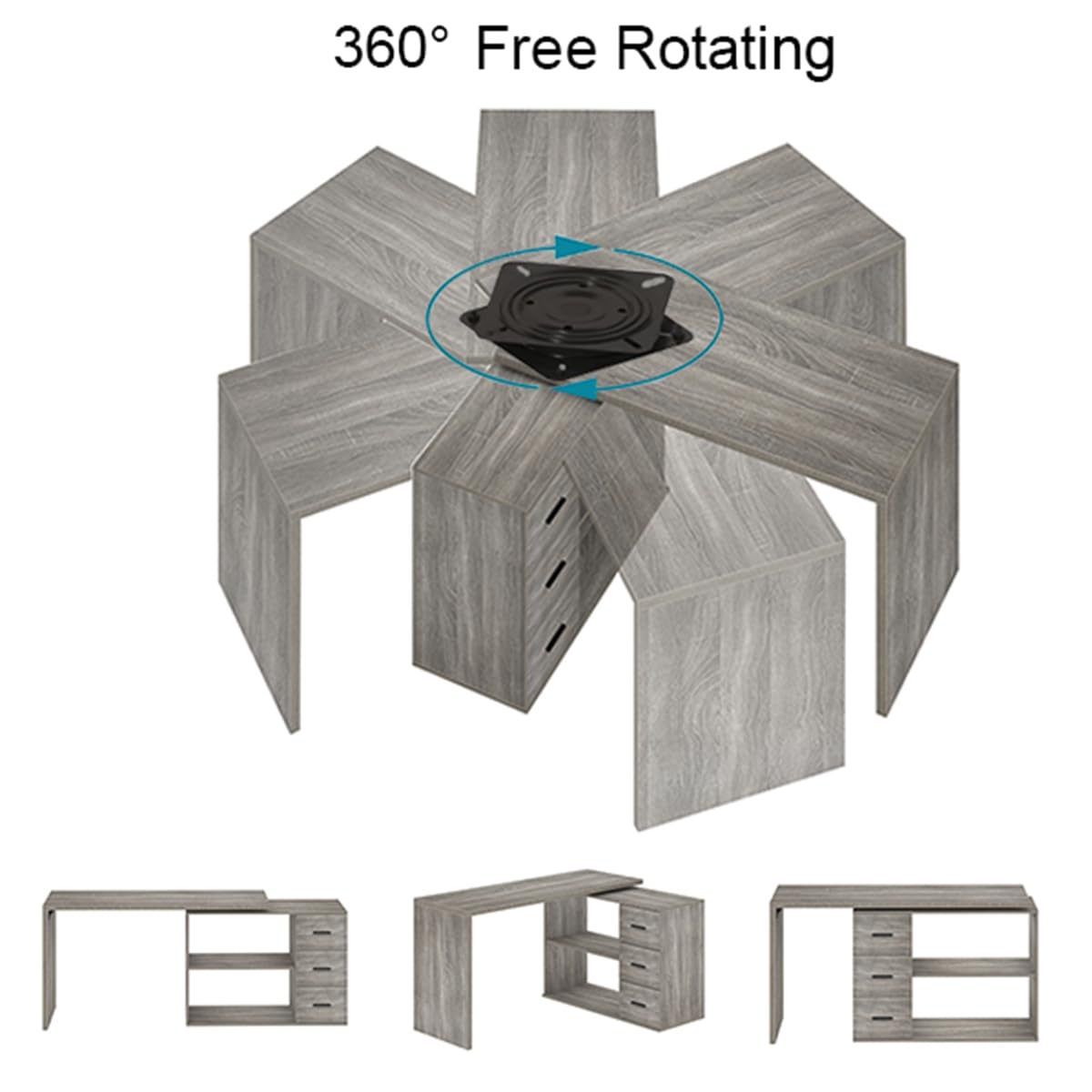 360° Rotating L-Shaped Desk with 3 Drawers and 2 Shelves