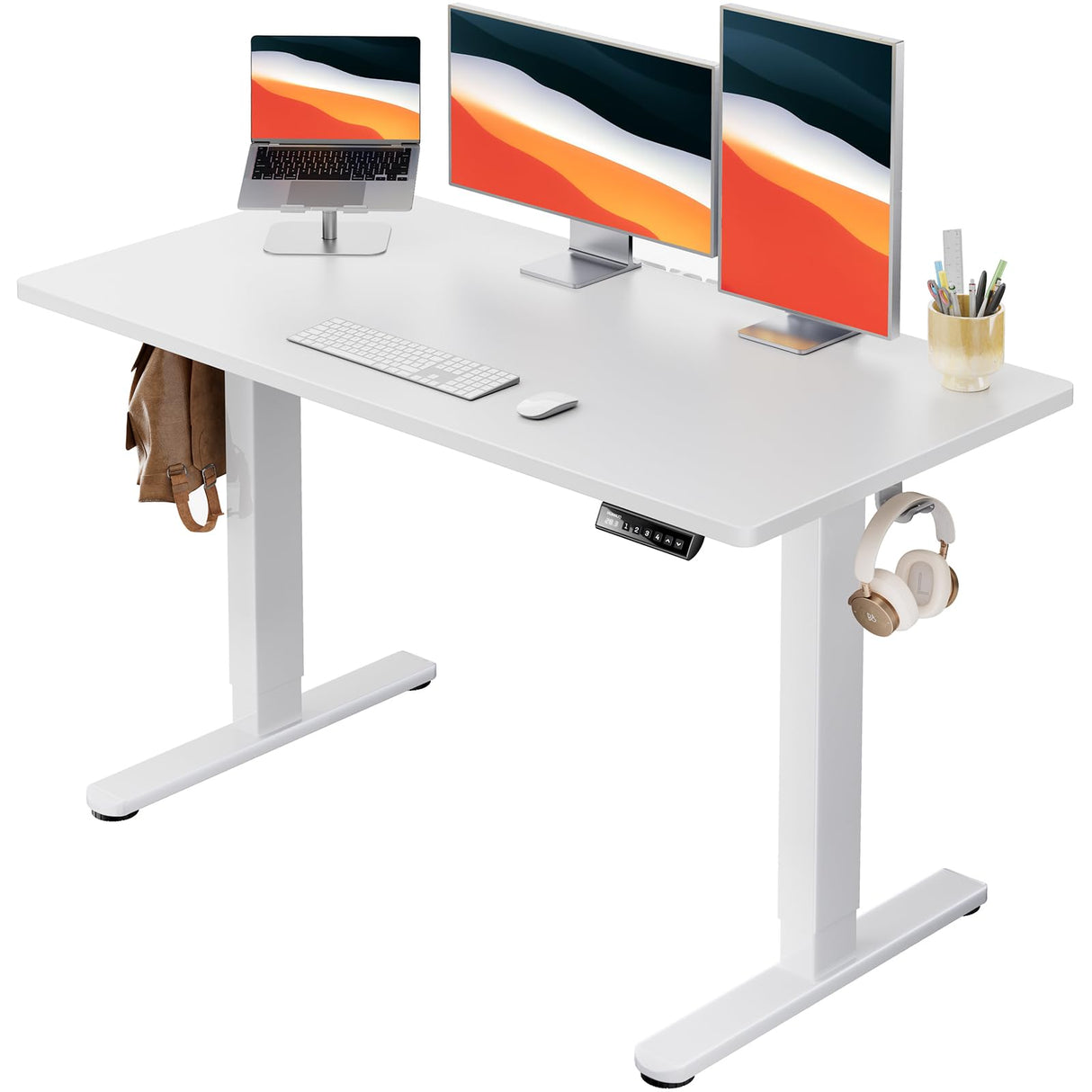 HUANUO Electric Standing Desk, 48" x 24" Whole Piece Desktop, Adjustable Height Computer Desk, 4 Height Memory Settings, Sit Stand Up Desk for Home Office, White