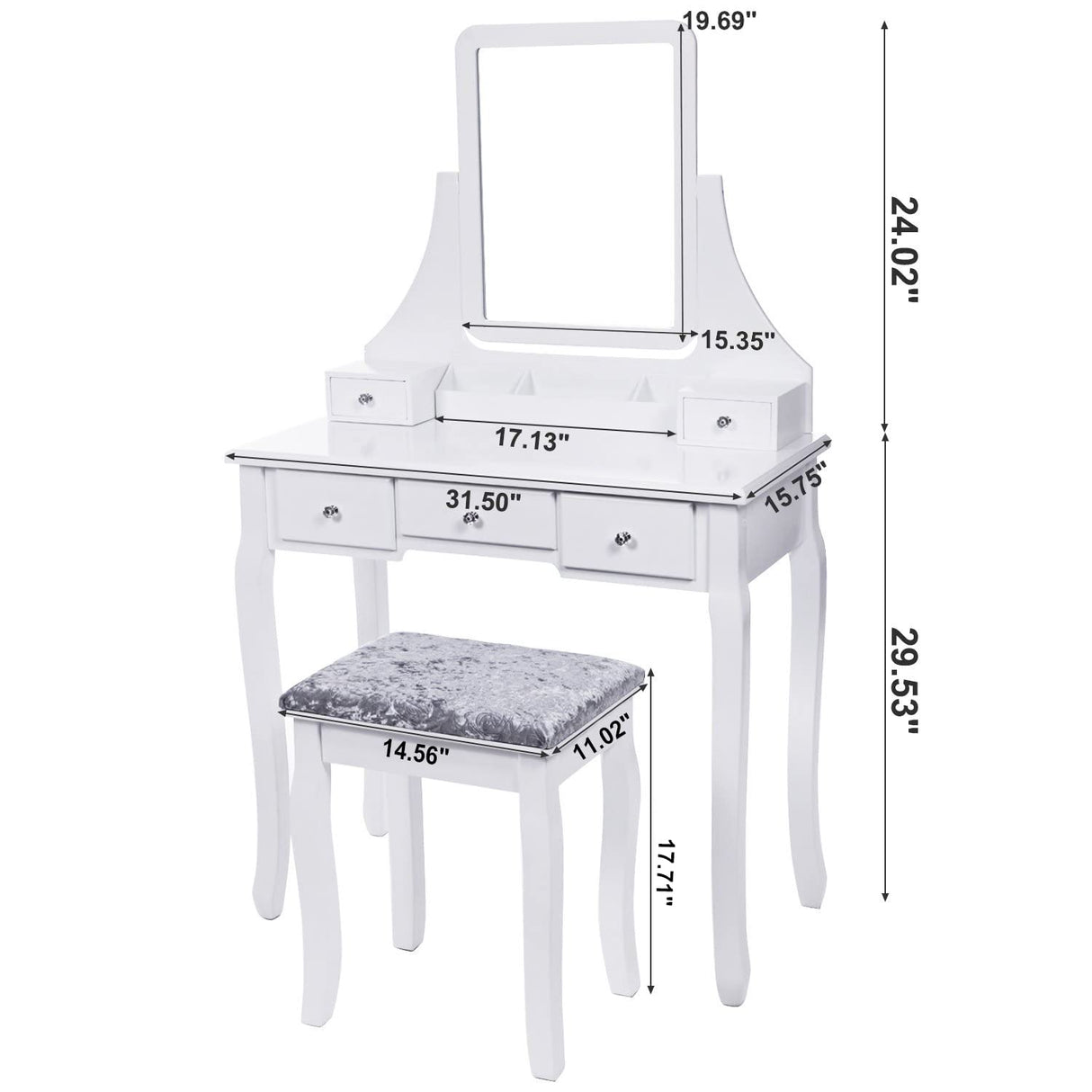 Vanity Set with Mirror & Cushioned Stool Dressing Table Vanity Makeup Table 5 Drawers 2e Organizers White FST01W