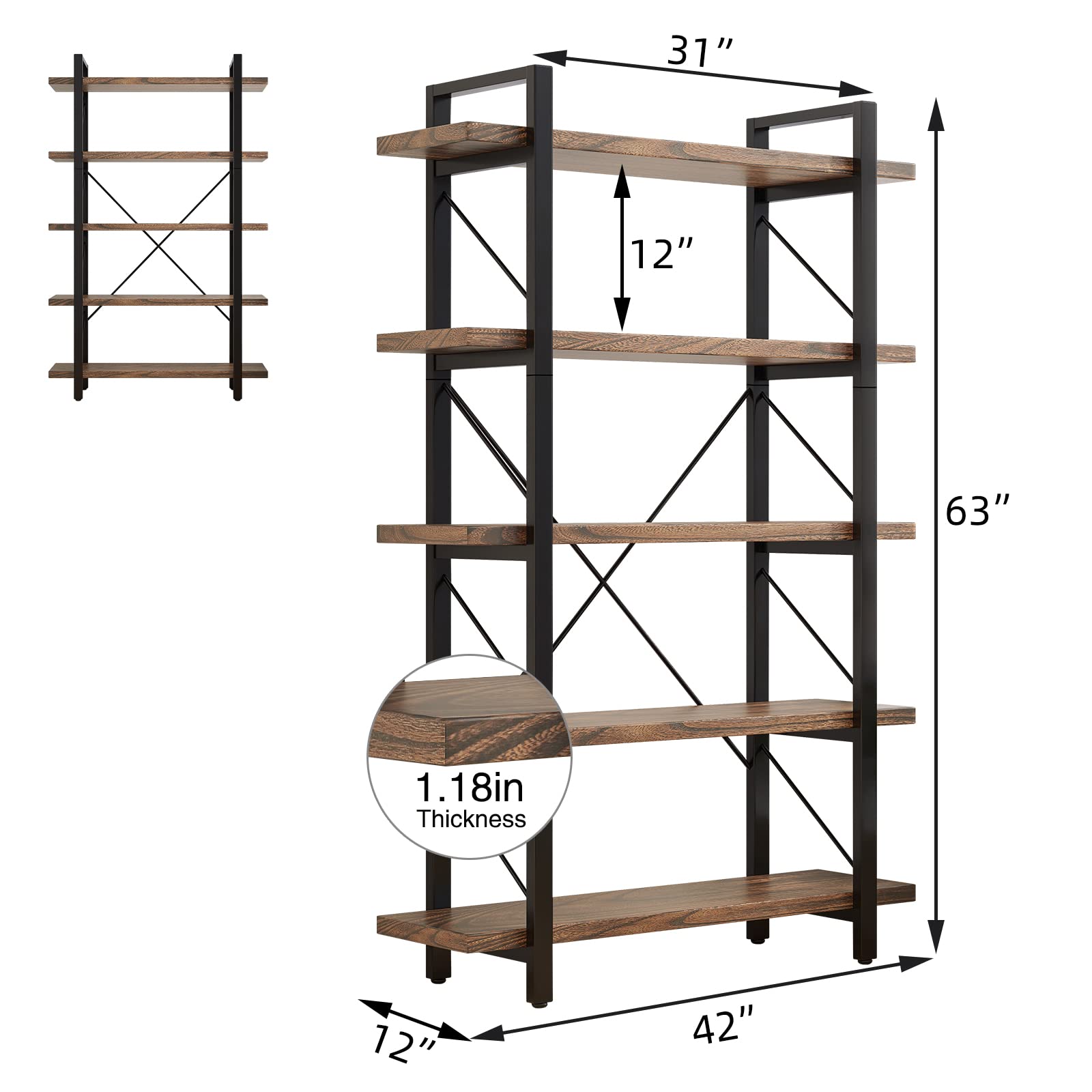 5-Tier Bookshelf Large Etagere Book Shelves,Industrial Style Bookcase and Book Shelves,Open Large Real Wood Bookshelfs,Retro Brown for Living Room Office, Retro Brown (LZ01-5tier-PLUS)