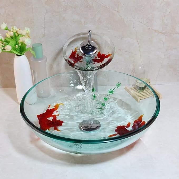 Clear Bathroom Sink Hand Painting Gold Fish Tempered Glass Vessel Sink Basin