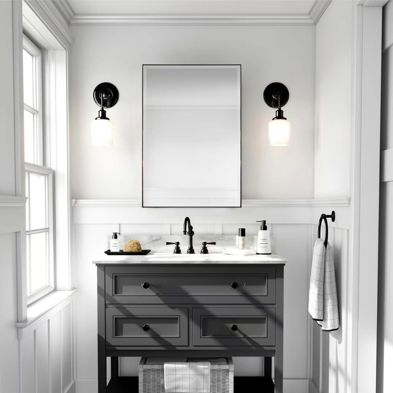 Bathroom Wall Mirror, Brushed Black Metal Framed Rectangle Vanity Mirror