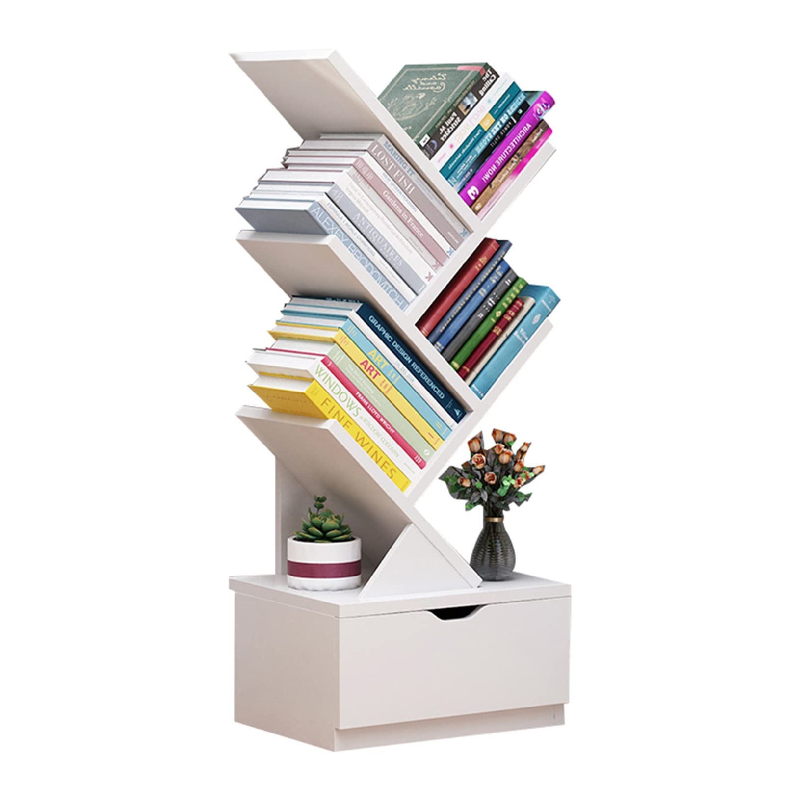 Tree Bookshelf with Drawer, Modern Narrow Bookshelves Storage Rack