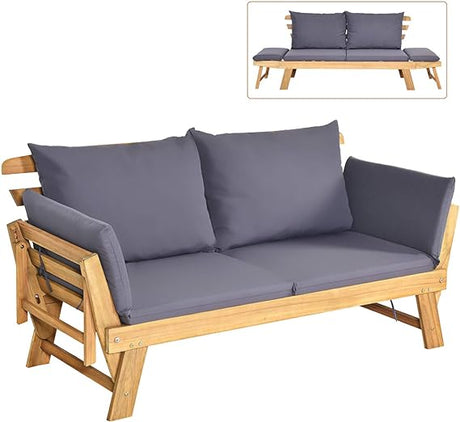 Acacia Wood Patio Convertible Couch Sofa Bed with Adjustable Armrest