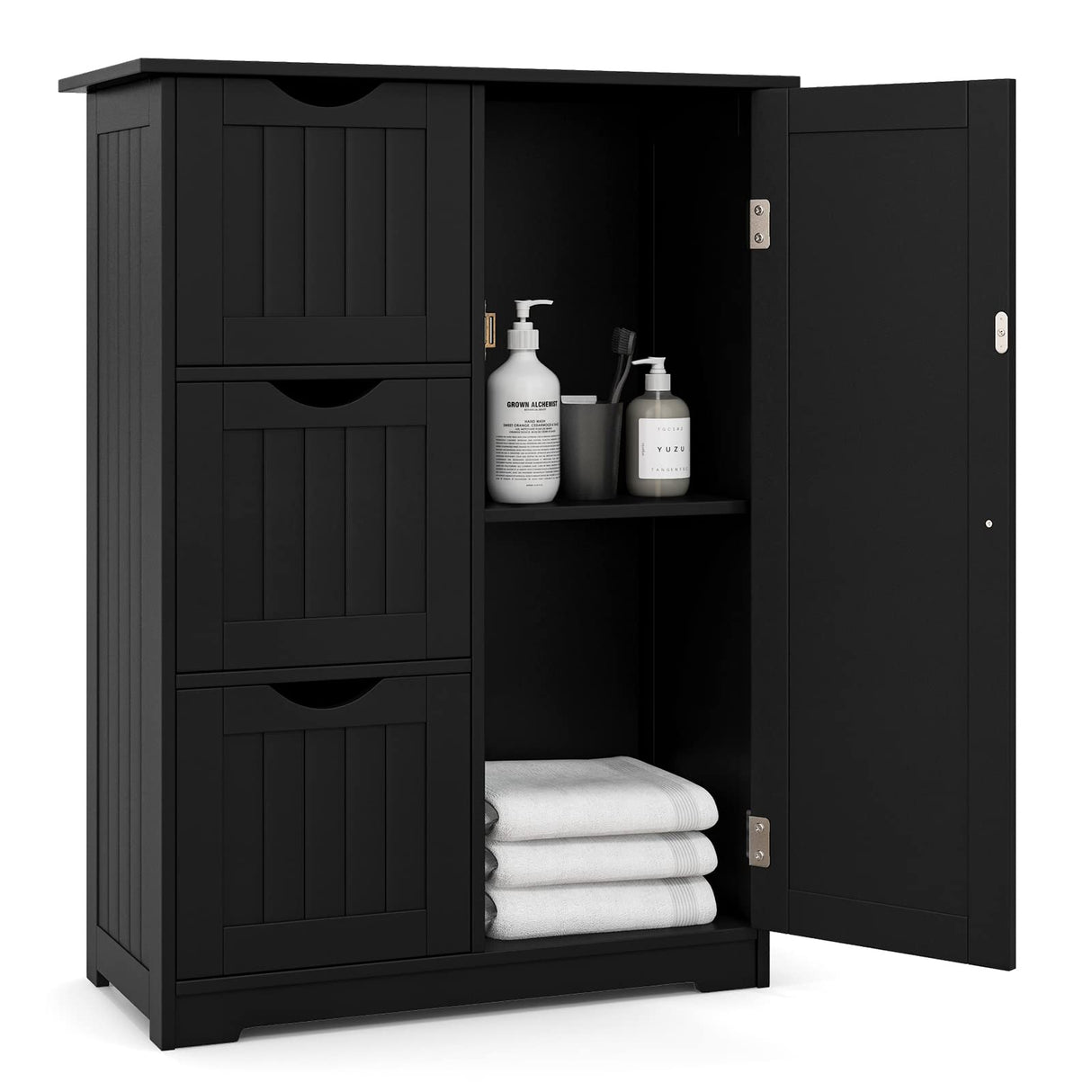 Bathroom Floor Cabinet, Freestanding Side Storage Cabinet w/ 3 Drawers & 1 Cupboard