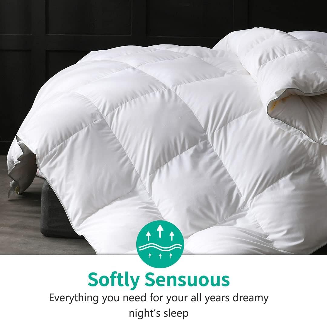 APSMILE Goose Feathers Down Comforter Queen Size, Hotel Collection All Season Duvet Insert, 750 Fill-Power, Ultra-Soft Fluffy Medium Warmth, Baffle Box Quilted with Corner Tabs (90x90, White)
