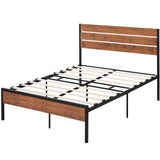 Size Bed Frame with Headboard Footboard, Rustic Brown Wood Farmhouse Metal Platform